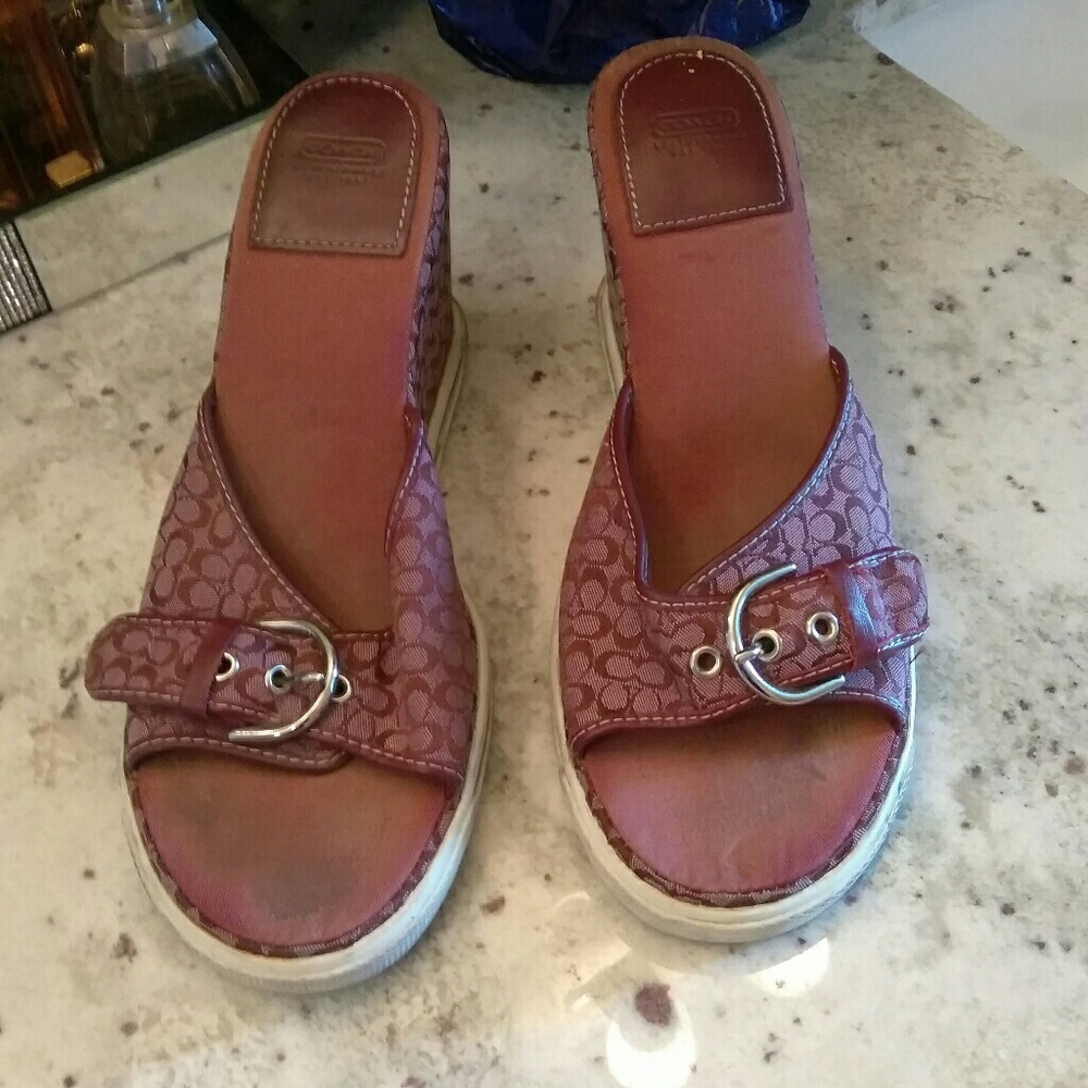 Authentic Coach Mini Monogram Burgundy Wedges